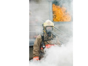 Mike Holmes at the Fire and Emergency Services Training Institute in Toronto as part of a training exercise for an episode of Holmes Makes It Right, Five-Alarm Chili.