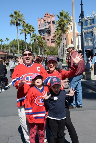 Canadiens fans Selina, Julian and parents representing at Disney's Hollywood Studios just after surviving the Tower of Terror.