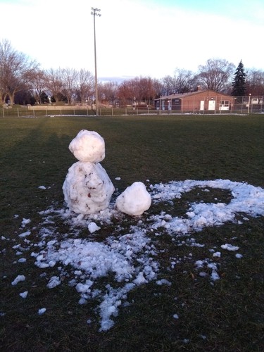 While walking the dog Monday afternoon I saw this last snowman standing in Westminster park\