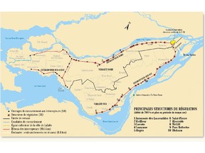 Dots along the line indicate where sewage and waste water drop through a chute to the interceptor line as it makes its way to a processing plant in Pointe-aux-Trembles.