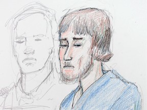 Justin Bourque is shown in this artist's sketch in Moncton on June 6, 2014.
