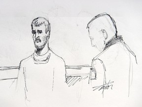 Justin Bourque is depicted in an artist's sketch at his sentencing hearing at Moncton Law Courts in Moncton, N.B. on Tuesday, October 28, 2014. Bourque has pleaded guilty to three counts of first-degree murder in the deaths of three RCMP officers in June.