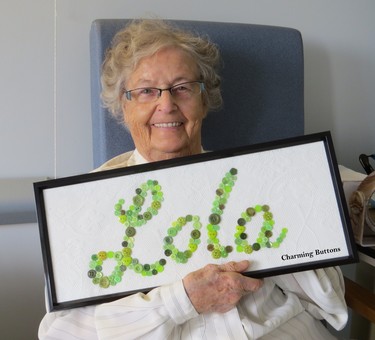 My mother was all smiles when I gave her this Charming Buttons collage of her name, for her new room at her new residence. The nurses love it too because they will never forget her name when entering her room.