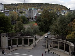 Roddick Gates and McGill University campus from the Cascades Building at the corner of Sherbrooke and McGill-College.