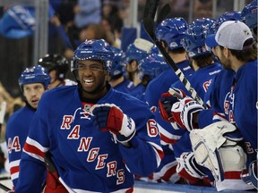 Rangers rookie Anthony Duclair of Pointe Claire celebrates after scoring his first NHL goal against the Minnesota Wild at Madison Square Garden in New York on Oct. 27, 2014.