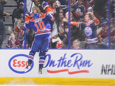 Nail Yakupov of the Edmonton Oilers celebrates after scoring his team's second goal against the Montreal Canadiens on Monday, Oct. 27, 2014 in Edmonton.