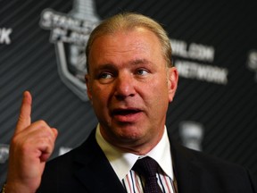 Canadiens coach Michel Therrien speaks to the media during a press conference after Game Three of the Eastern Conference Final against the New York Rangers during the 2014 NHL Stanley Cup Playoffs at Madison Square Garden on May 22, 2014 in New York City.