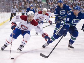 The Montreal Canadiens play the Vancouver Canucks at Rogers Arena in Vancouver Thursday night.
