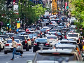 A view of Ste-Catherine St. W. from the corner of Mountain St. in downtown Montreal photographed in June of 2014.