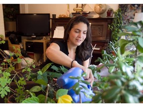 Karine Fontaine waters her plants in her living room.