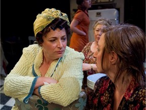 Astrid Van Wieren, left, as Germaine Lauzon and Anik Matern as Thérèse Dubuc on the set of Belles Soeurs, The Musical, on at the Segal Centre through to Nov. 9, 2014.