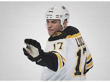 Boston Bruins Milan Lucic yells at a referee after coming out of the penalty box following a penalty during  third period of National Hockey League game against the Canadiens in Montreal Thursday October 16, 2014.  Lucic was given a ten minute misconduct for his actions.