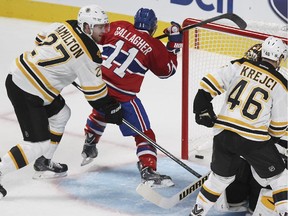 Canadiens forward Brendan Gallagher scores goal against the Boston Bruins from a goalmouth scramble during game at the Bell Centre on Oct. 16, 2014.