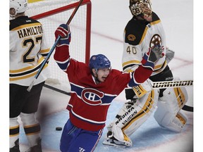 Montreal Canadiens's Brendan Galagher  celebrates his goal against the Boston Bruins during the third period at the Bell Centre on Thursday, Oct. 16, 2014.