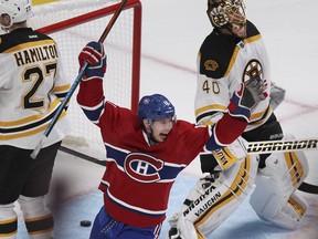 The Canadiens' Brendan Gallagher celebrates his game-winning goal against the Boston Bruins at the Bell Centre on Oct. 16, 2014.