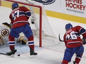 The Canadiens' Jiri Sekac scores the first goal of his NHL career against Boston Bruins goalie Tuuka Rask during a game at the Bell Centre on Oct. 16, 2014.