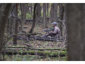 A hunter sits and waits for a deer to come into view on Ile aux hérons Saturday, Oct. 18, 2014.