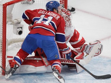 Brendan Gallagher of the Montreal Canadiens leans into goalie Jimmy Howard of the Detroit Red Wings in the first period, in NHL action at the Bell Centre in Montreal on Tuesday, October 21, 2014.