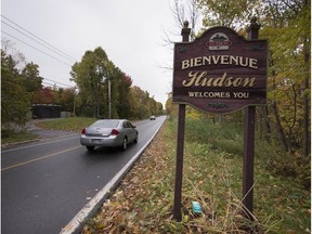 Welcome sign to Hudson Quebec, on Cameron Rd., Thursday, October 9, 2014.