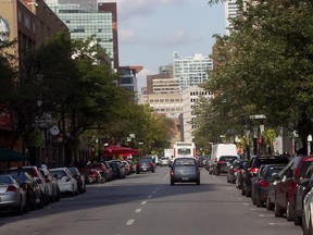 Cars make their way towards downtown Montreal on Ste-Catherine St. near Lambert Closse on Monday September 15, 2014. Montreal has announced details for a revamp of Ste-Catherine street, between Atwater Ave. and Bleury St.