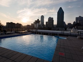 View from a rooftop pool at a Griffintown condo in Montreal.
