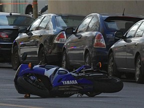 A motorcycle at the scene of an accident in downtown Montreal on Oct. 9, 2014.