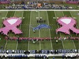 Pink ribbons are displayed for Breast Cancer Awareness before an NFL football game between the Detroit Lions and the Buffalo Bills, Sunday, Oct. 5, 2014, in Detroit.