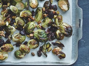 Roasting Brussels sprouts caramelizes their sugars. Pistachios and dried cranberries are tossed in for added texture.