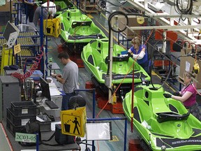 A Sea-Doo assembly line at the BRP plant in Valcourt. Quebecers have less money for consumption or savings than residents of other provinces, the HEC study shows.