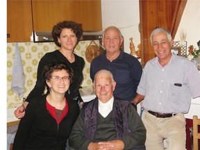 Susan Pinker (top left), her daughter Eva Boodman (bottom left), Sardinian centenarian Guiseppe Murinu (front centre) and his two sons (unnamed). Pinker is the author of The Village Effect: How Face-to-Face Contact Can Make Us Healthier and Happier. She will appear with Aislin and Claire Holden Rothman in Paragraphe Bookstore’s Books and Breakfast series, Sunday, Oct. 19, at Le Centre Sheraton. Photo courtesy Susan Pinkman.