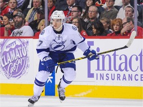 Tampa Bay Lightning rookie Jonathan Drouin skates against the Flames during a game at Calgary's Scotiabank Saddledome on Oct. 21, 2014.