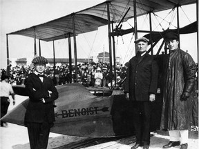 The first regularly scheduled airline flight - Saint Petersburg, Florida, 1914. Identified in the photograph with the Benoist plane are, left to right, Percy E. Fansler, general manager of Tampa Air Boat Line, Mayor A.C. Phiel, and Tony Jannus, pilot. (State Archives of Florida)