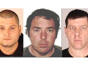 These images provided by Interpol show Yves Denis, 35, left, Serge Pomerleau, 49, and Denis Lefebvre, 53, in undated police handout photos.