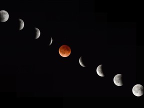 Composite photograph of the moon during various phases of a total lunar eclipse.