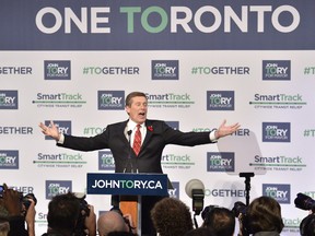 John Tory speaks to supporters after winning the Toronto mayoral election on Monday, Oct. 27, 2014.