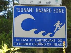 A tsunami hazard zone sign near Tofino, B.C.