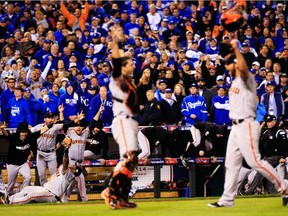 The San Francisco Giants celebrate after defeating the Kansas City Royals to win Game Seven of the 2014 World Series by a score of 3-2 at Kauffman Stadium on Oct. 29, 2014 in Kansas City, Missouri.