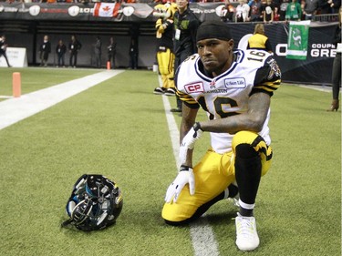 A disappointed Brandon Banks #16 of the Hamilton Tiger-Cats reacts during the loss to the Calgary Stampeders in the 102nd Grey Cup Championship Game at BC Place November 30, 2014 in Vancouver, British Columbia, Canada.  Calgary won 20-16.
