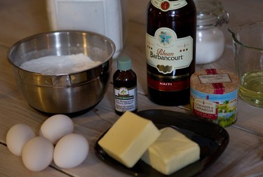 Ingredients arrayed for a rum cake to made by Liz Vargas in Montreal Tuesday, November 4, 2014. Vargas is a Montreal woman who has started a business dedicated to them.