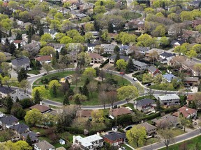 A bird's-eye view of a Town of Mount Royal neighbourhood.