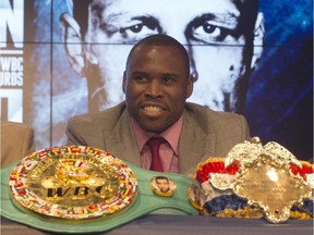 World light-heayweight boxing champion Adonis Stevenson speaks to the media at a news conference on Nov. 5, 2014 in Montreal. Stevenson will defend his title against Dmitry Sukhotsky on Dec. 19, 2014 in Quebec City.