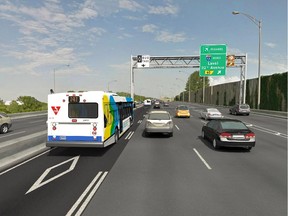 Artist rendering of what reserved bus lane will look like on eastbound Highway 20.