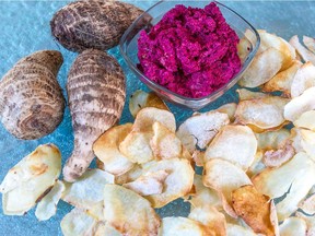 Raw taro root with beet dip and baked taro root chips from The Smart Palate.