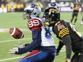 Alouettes receiver Duron Carter drops  a pass during CFL game against the Tiger-Cats on Nov. 8, 2014 at Tim Hortons Field in Hamilton.