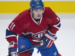 Canadiens' Brendan Gallagher warms up prior to an NHL hockey game against the Buffalo Sabres in Montreal on Saturday, November 29, 2014. The Canadiens have signed the forward to a six-year contract extension.