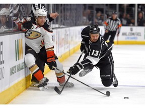 Anaheim Ducks defenceman Bryan Allen (left) and Los Angeles Kings forward Kyle Clifford battle for puck during an NHL preseason game in Los Angeles.