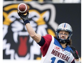 Montreal Alouettes quarterback Jonathan Crompton throws a pass against the Hamilton Tiger-Cats during first half CFL Eastern Final action in Hamilton on Sunday November 23, 2014.
