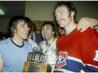 The Montreal Canadiens' Big Three on defence after winning the 1977-78 Stanley Cup, Larry Robinson having won the Conn Smythe Trophy as MVP of the playoffs. From left: Serge Savard, Guy Lapointe and Larry Robinson.