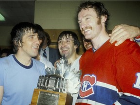 The Montreal Canadiens' Big Three on defence after winning the 1977-78 Stanley Cup, Larry Robinson having won the Conn Smythe Trophy as MVP of the playoffs. From left: Serge Savard, Guy Lapointe and Robinson.