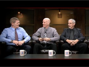 Former Canadien Chris Nilan (left) joins Montreal Gazette sports editor/host Stu Cowan, columnist Jack Todd, and Canadiens beat writer Christopher Curtis (not shown in photo) for taping of the weekly HI/O Show on Nov. 12, 2014 for the hockeyinsideout.com website.